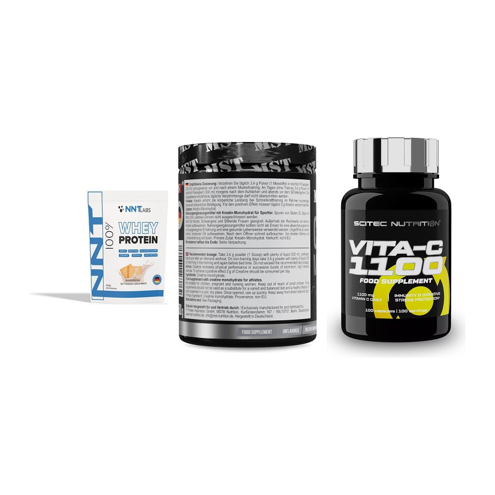 Einsteiger-Set: NNT Whey + MST Creatin + Scitec Vitamin C – alle enthaltenen Artikel
