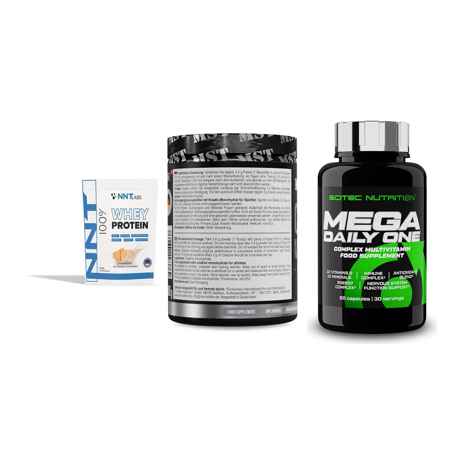 Einsteiger-Set: NNT Whey + MST Creatin + Scitec Mega – alle enthaltenen Artikel