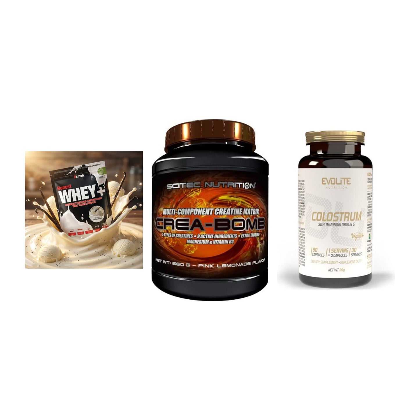 Einsteiger-Set: Sinob Honest + Scitec Crea-Bomb + Evolite Nutritio – alle enthaltenen Artikel