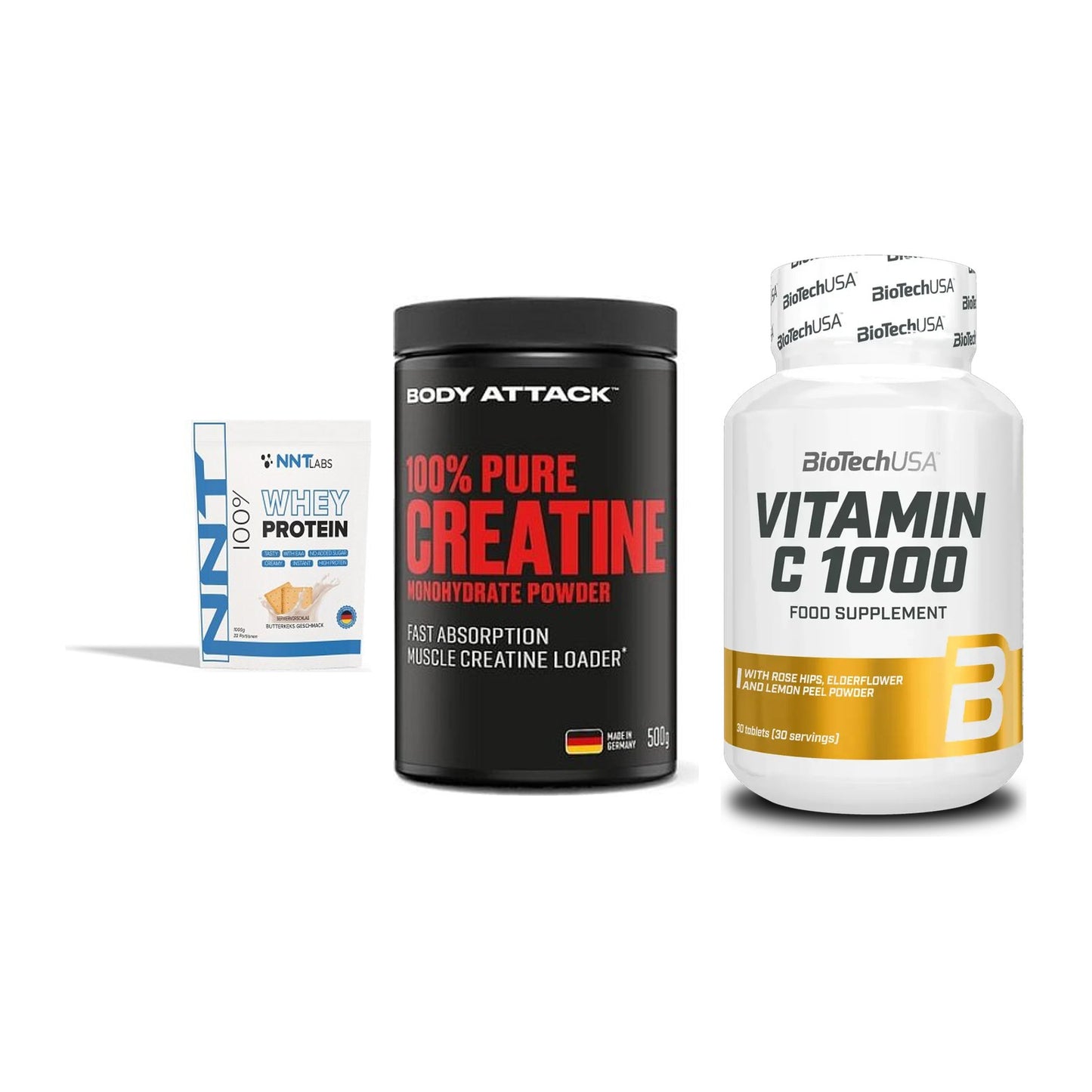 Einsteiger-Set: NNT Whey + Body Attack 100% + BioTech Vitamin – alle enthaltenen Artikel