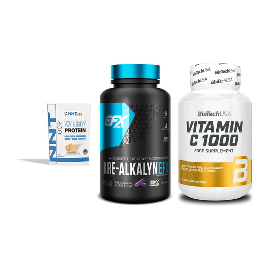 Einsteiger-Set: NNT Whey + EFX Kre-Alkalyn + BioTech Vitamin – alle enthaltenen Artikel