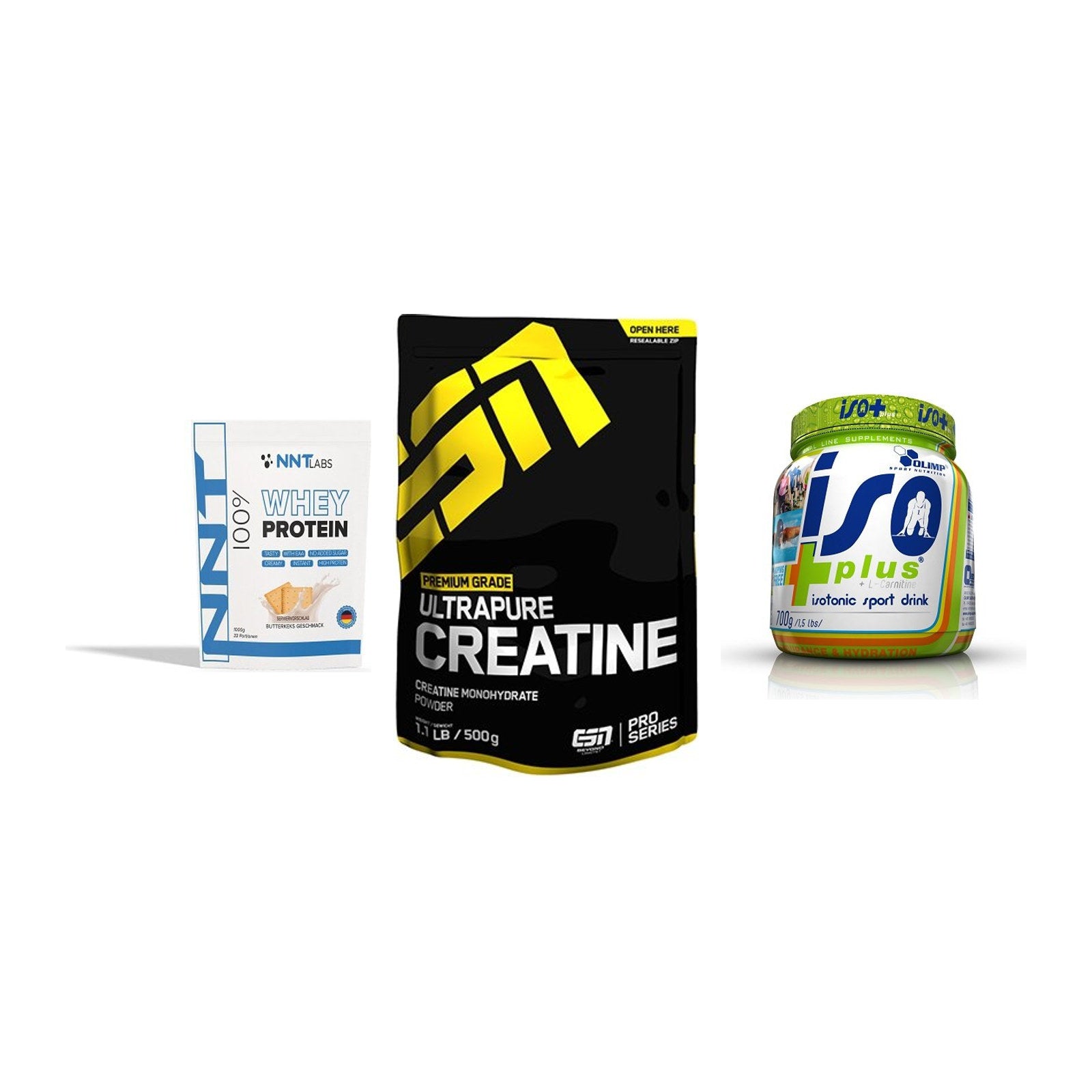 Einsteiger-Set: NNT Whey + ESN Ultrapure + Olimp Iso Plus – alle enthaltenen Artikel