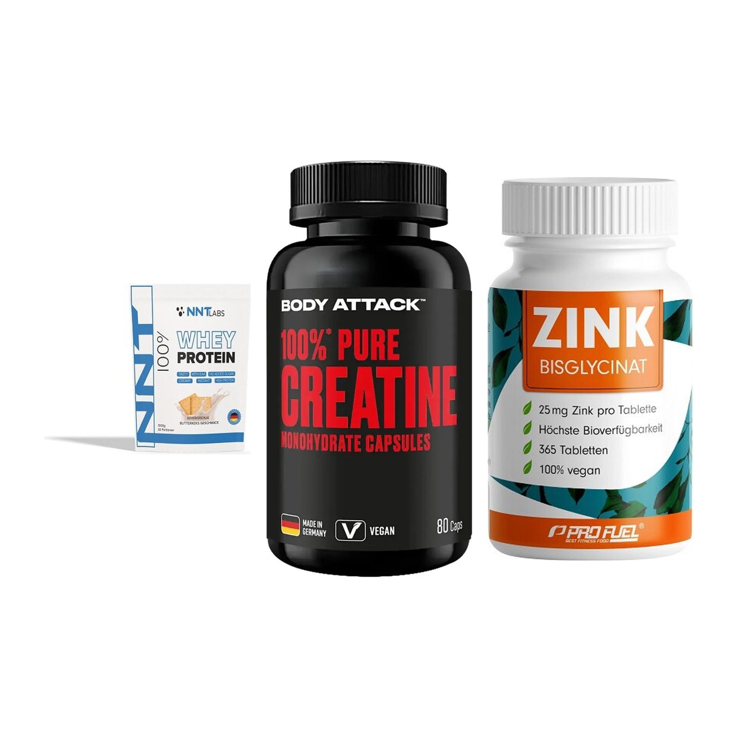 Einsteiger-Set: NNT Whey + Body Attack 100% + ProFuel Zink – alle enthaltenen Artikel