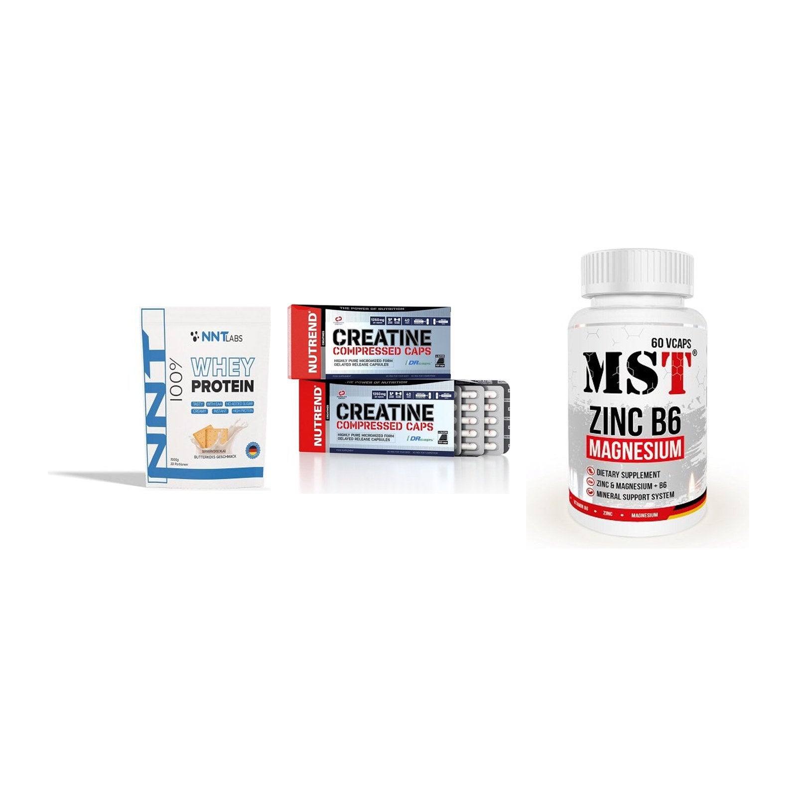 Einsteiger-Set: NNT Whey + Nutrend Creatine + MST Zinc – alle enthaltenen Artikel