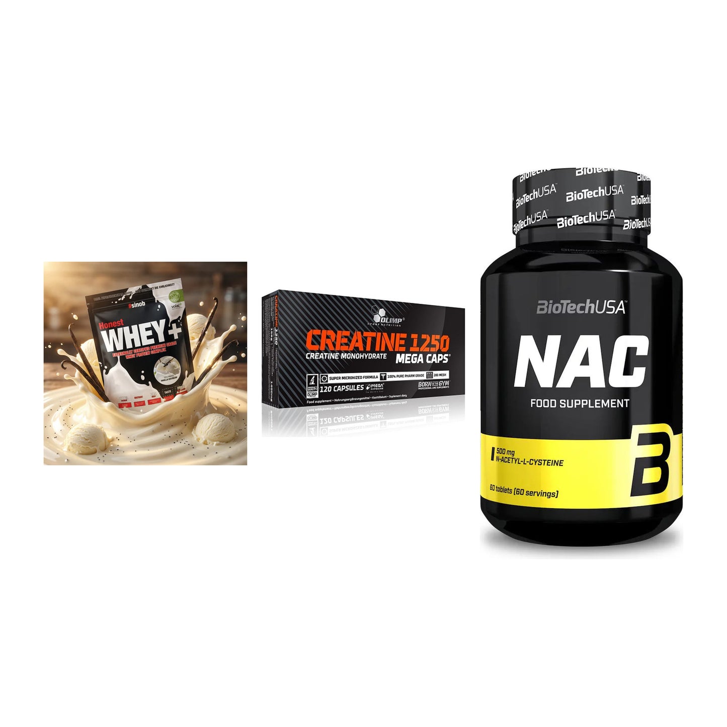 Einsteiger-Set: Sinob Honest + Olimp Creatine + BioTech NAC – alle enthaltenen Artikel