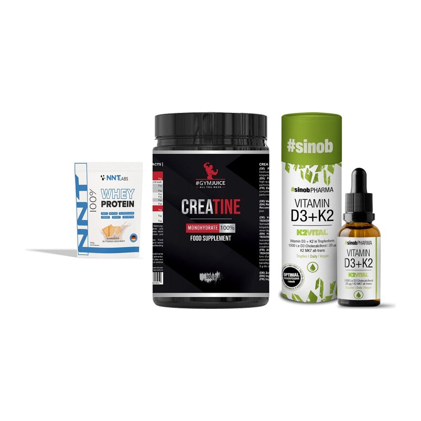 Einsteiger-Set: NNT Whey + #GYMJUICE + Sinob Vitamin D3 – alle enthaltenen Artikel