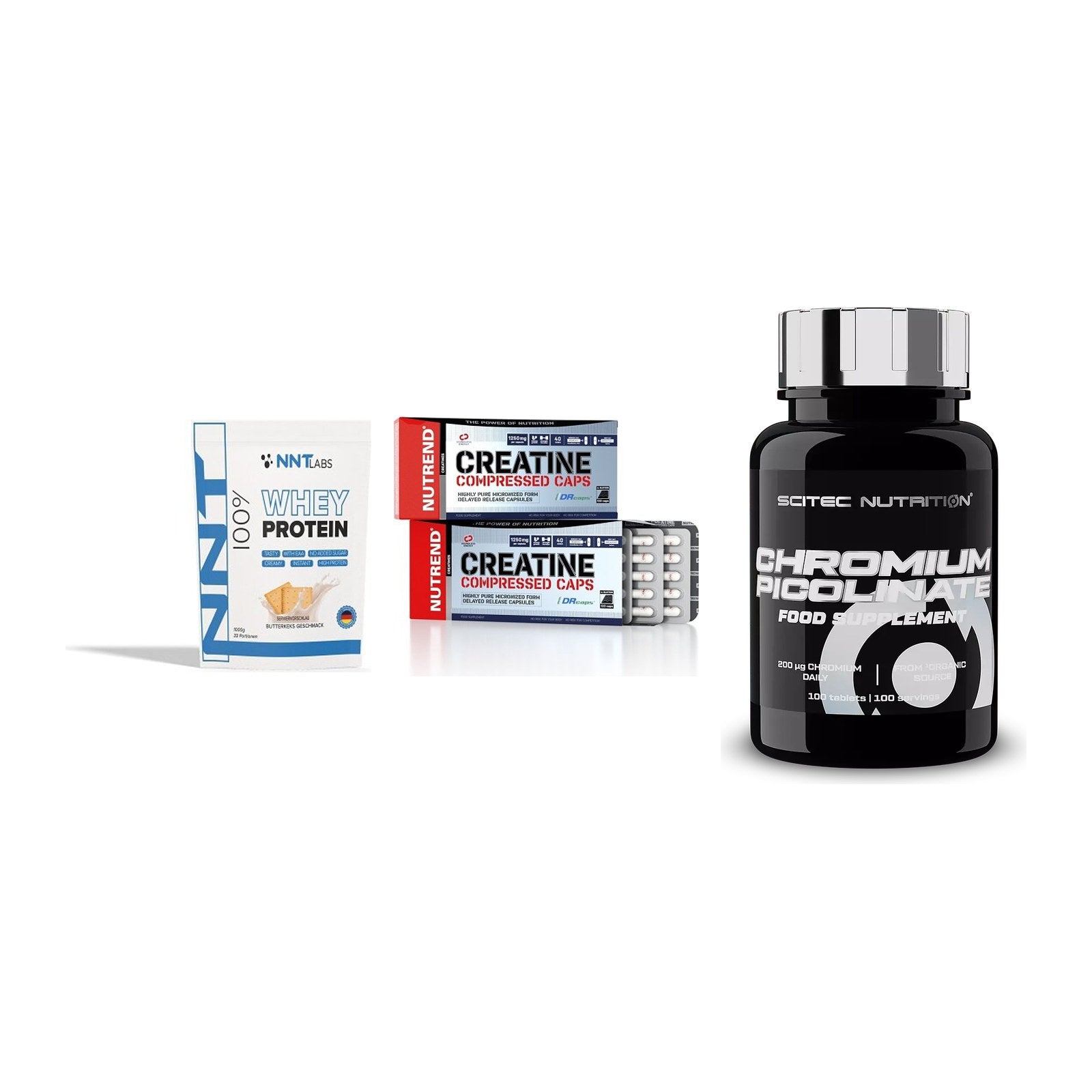 Einsteiger-Set: NNT Whey + Nutrend Creatine + Scitec Chromium – alle enthaltenen Artikel