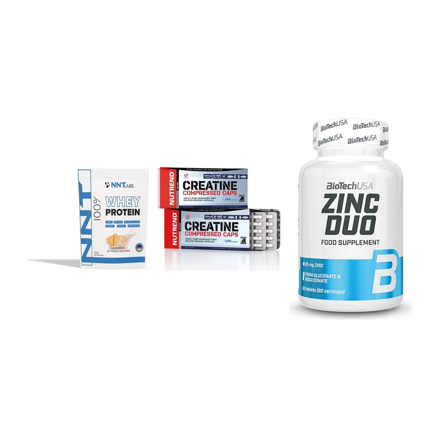 Einsteiger-Set: NNT Whey + Nutrend Creatine + BioTech Zinc Duo – alle enthaltenen Artikel