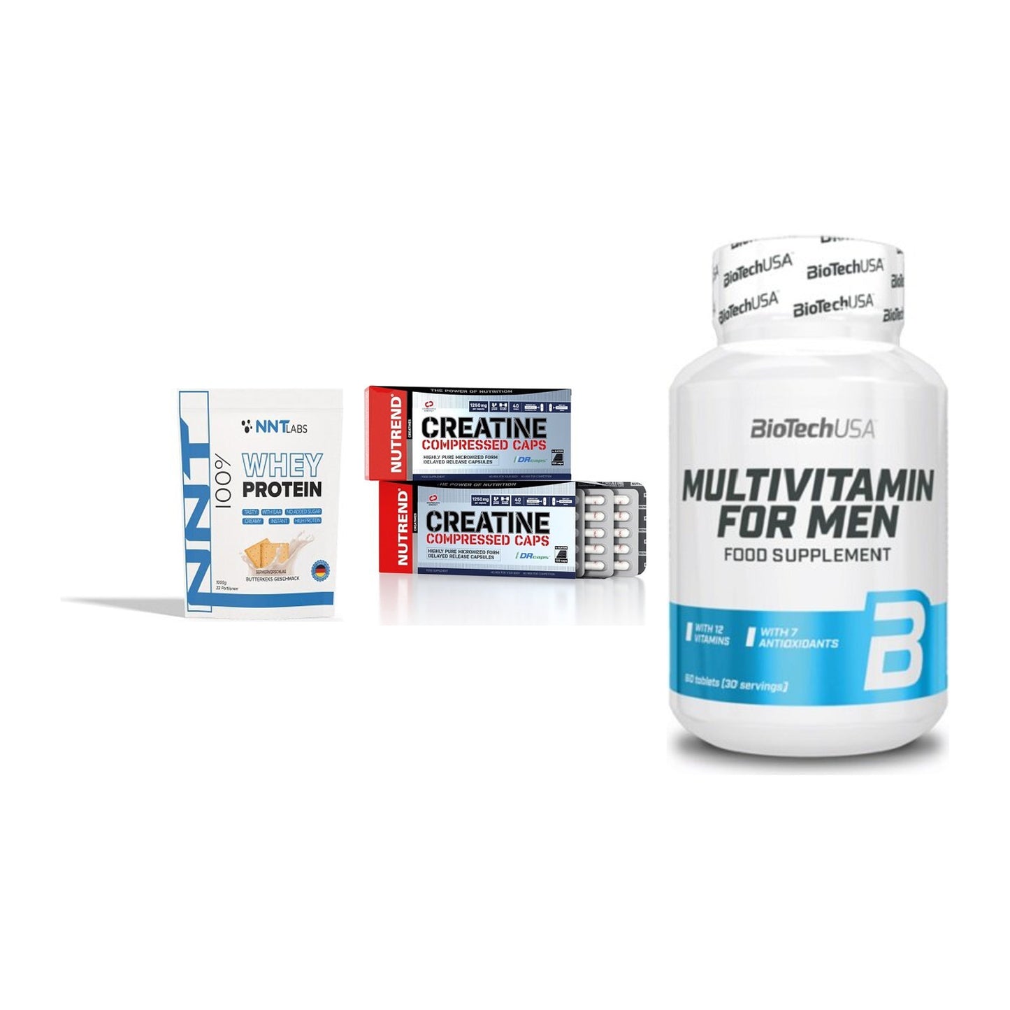 Einsteiger-Set: NNT Whey + Nutrend Creatine + BioTech Multivit – alle enthaltenen Artikel