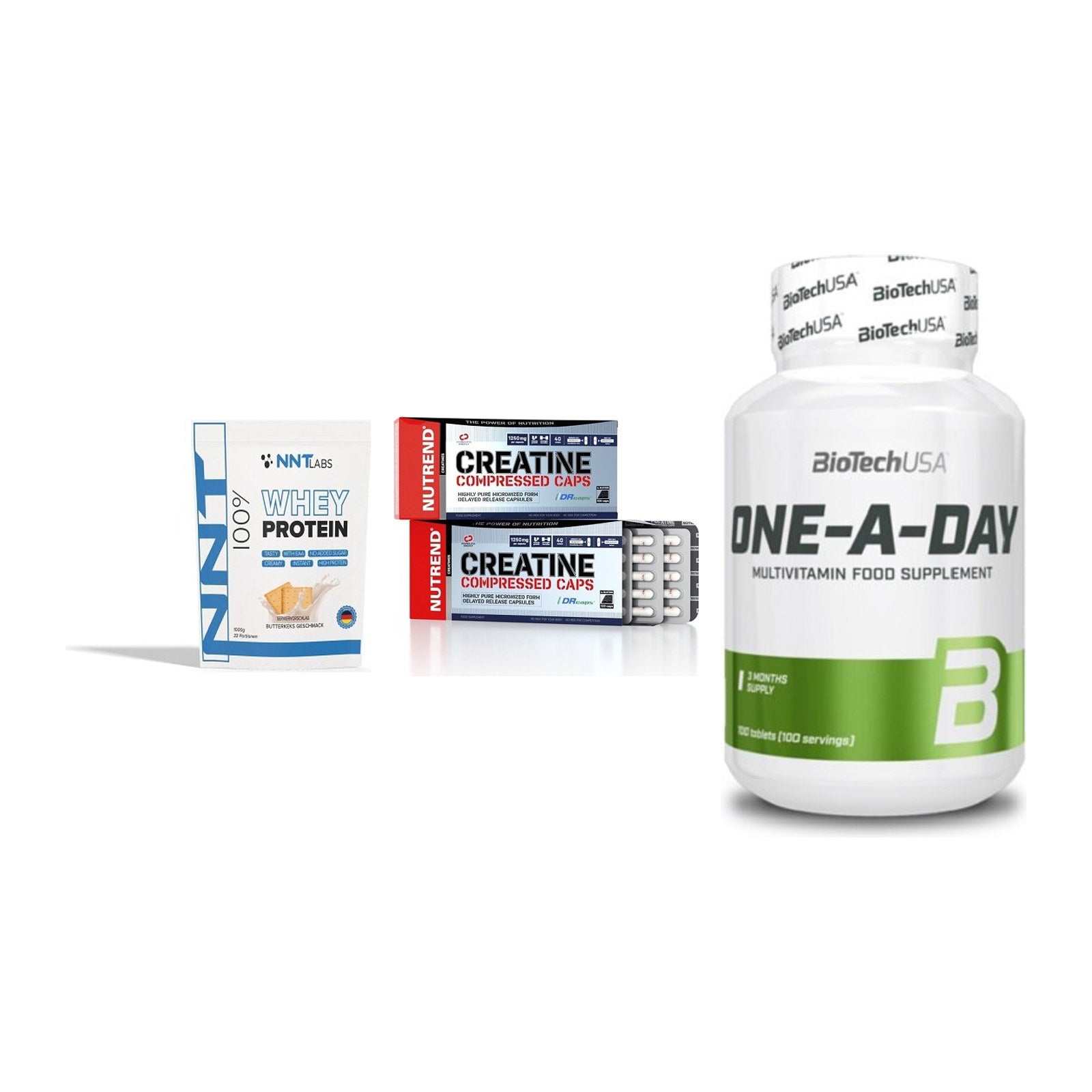 Einsteiger-Set: NNT Whey + Nutrend Creatine + BioTech One A – alle enthaltenen Artikel