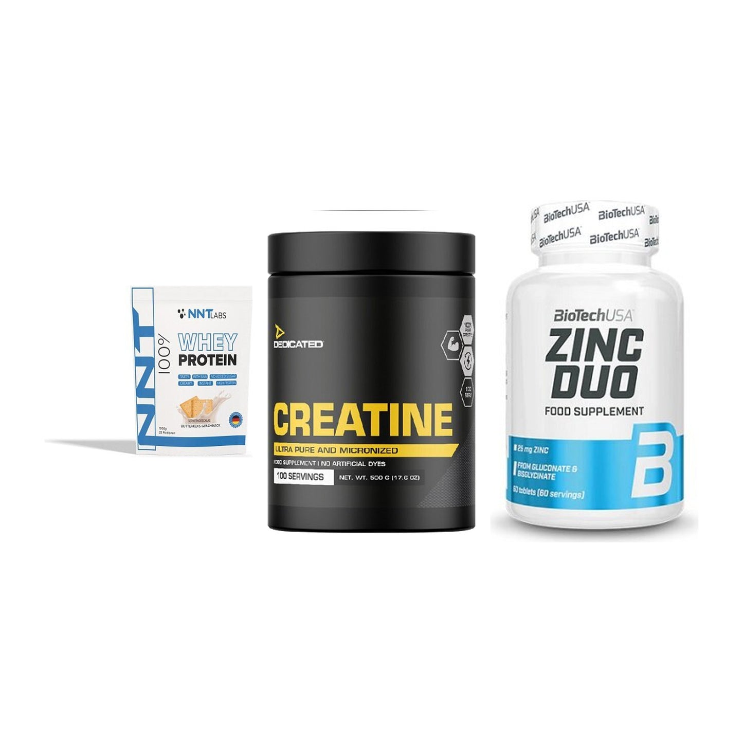 Einsteiger-Set: NNT Whey + Dedicated Creatine + BioTech Zinc Duo – alle enthaltenen Artikel
