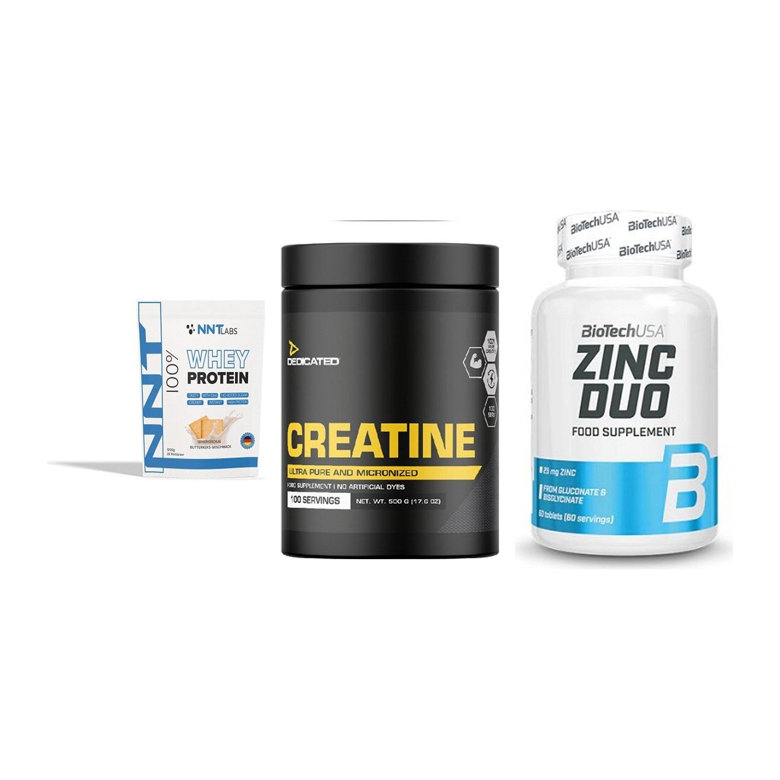 Einsteiger-Set: NNT Whey + Dedicated Creatine + BioTech Zinc Duo – alle enthaltenen Artikel