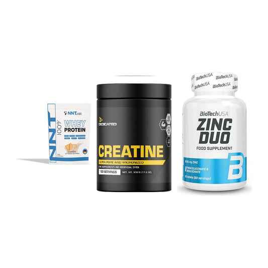 Einsteiger-Set: NNT Whey + Dedicated Creatine + BioTech Zinc Duo – alle enthaltenen Artikel