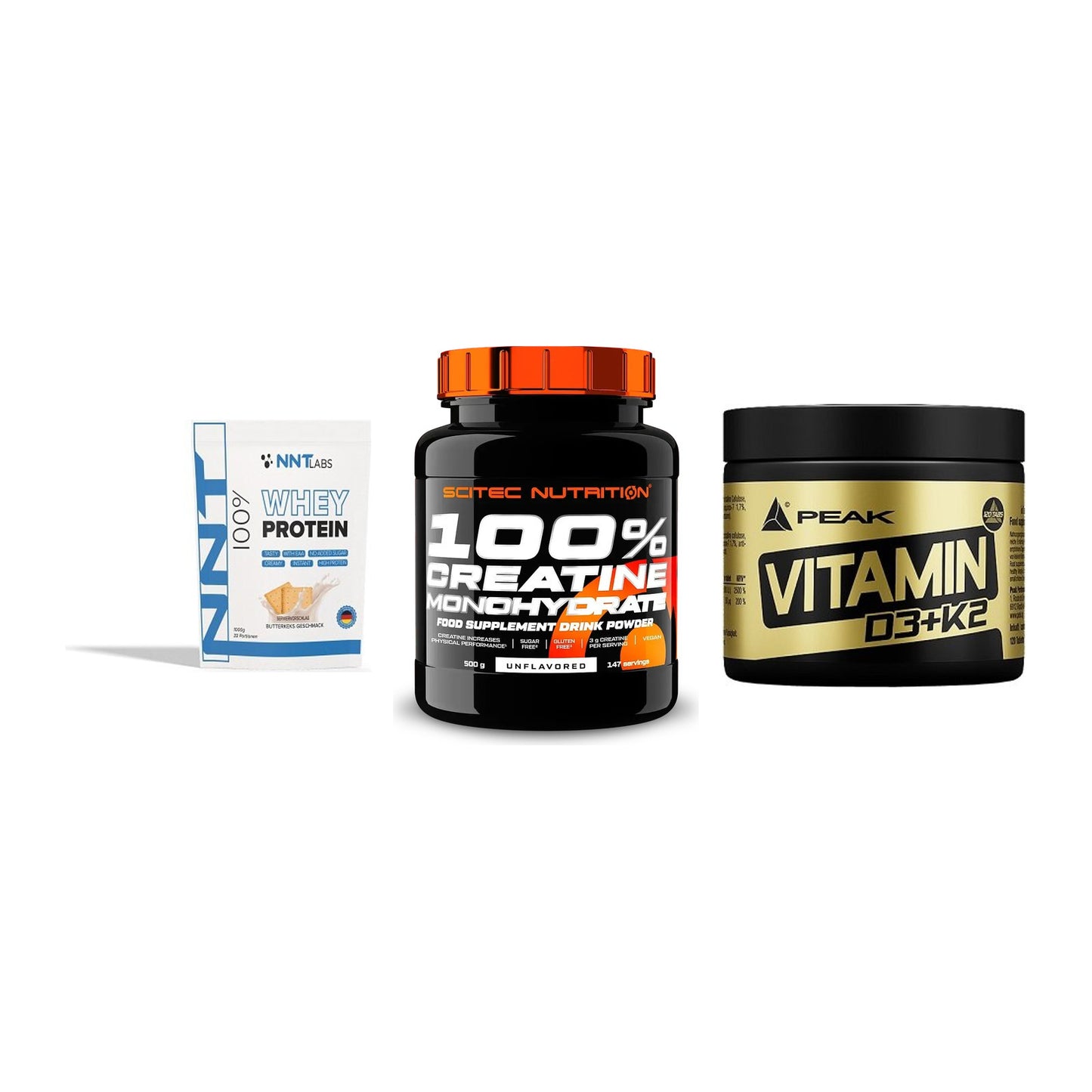 Einsteiger-Set: NNT Whey + Scitec Creatine + Peak Vitamin – alle enthaltenen Artikel