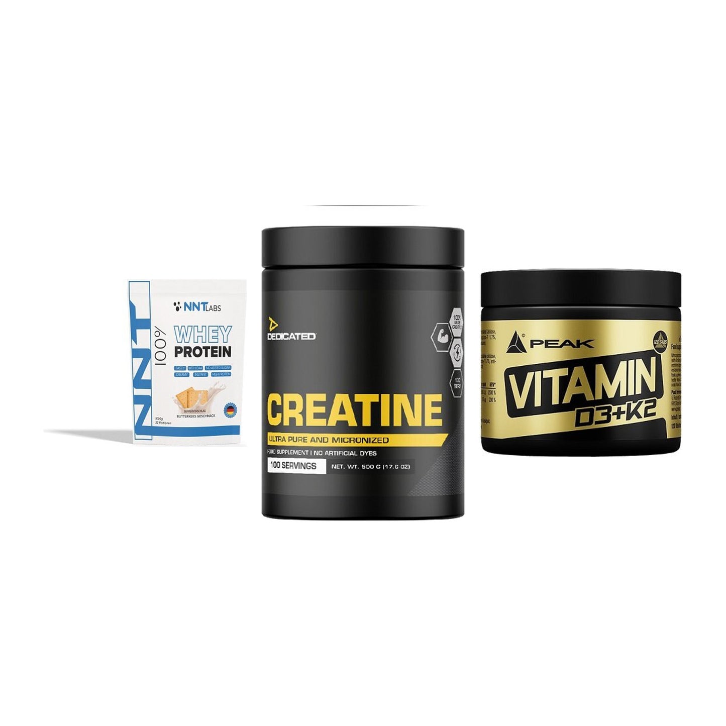Einsteiger-Set: NNT Whey + Dedicated + Peak Vitamin – alle enthaltenen Artikel