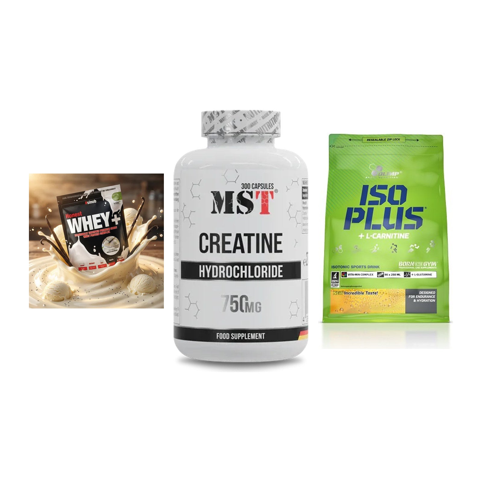 Einsteiger-Set: Sinob Honest Whey+ + MST Creatine HCL + Olimp Iso Plus – alle enthaltenen Artikel