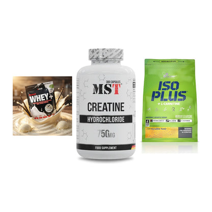 Einsteiger-Set: Sinob Honest Whey+ + MST Creatine HCL + Olimp Iso Plus – alle enthaltenen Artikel