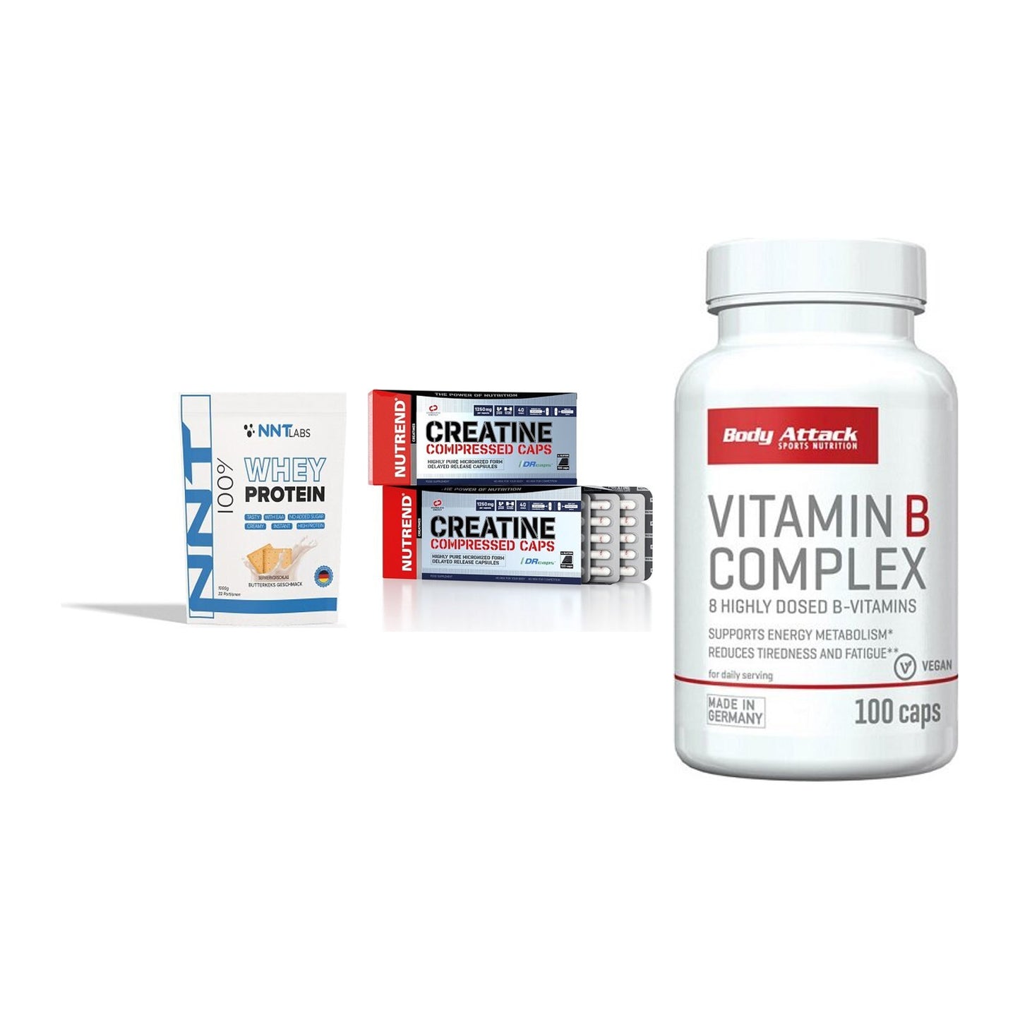 Einsteiger-Set: NNT Whey + Nutrend Creatine + Body Attack – alle enthaltenen Artikel