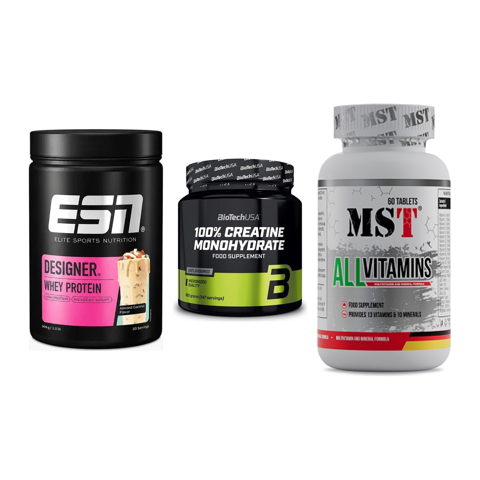 Einsteiger-Set: ESN Designer + BioTech Creatine + MST All Vitamins – alle enthaltenen Artikel