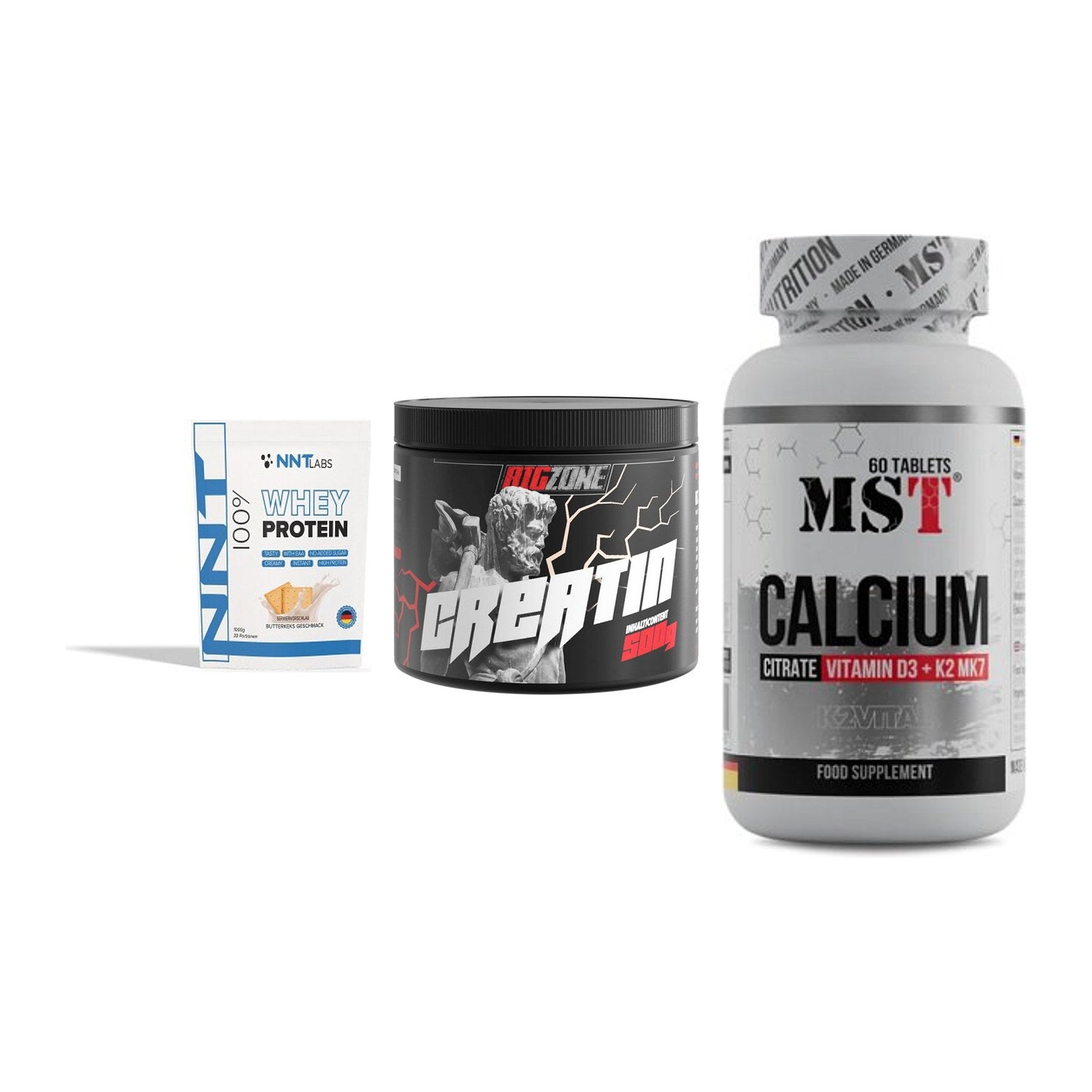 Einsteiger-Set: NNT Whey + Big Zone Creatin + MST Calcium – alle enthaltenen Artikel
