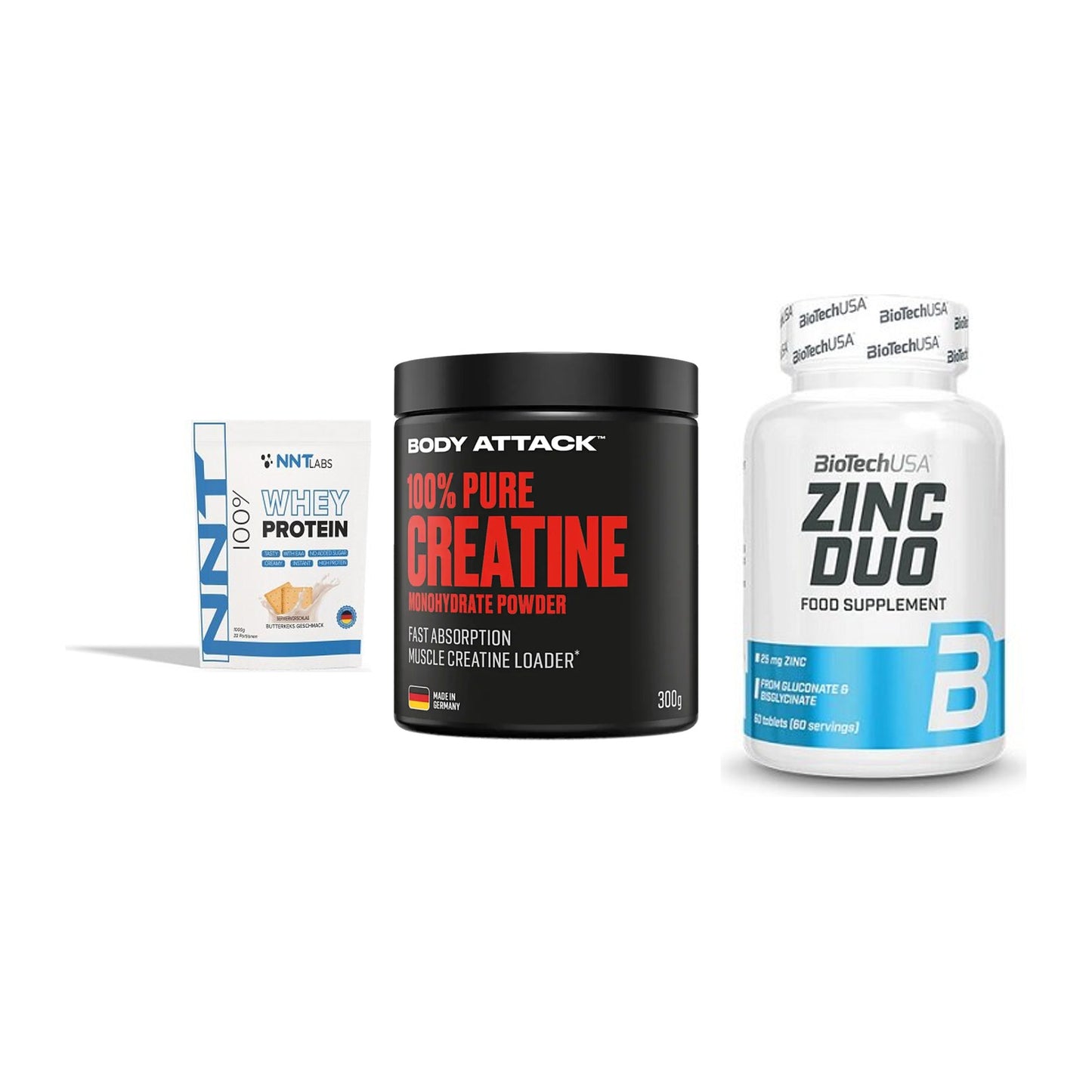 Einsteiger-Set: NNT Whey + Body Attack 100% + BioTech Zinc Duo – alle enthaltenen Artikel