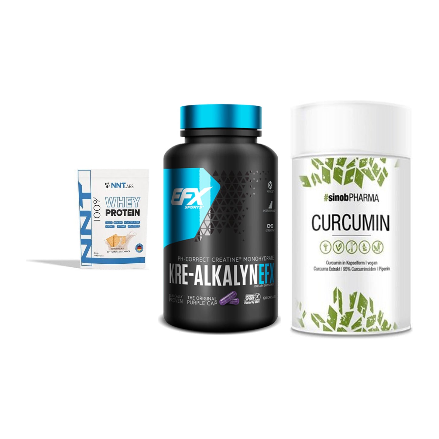 Einsteiger-Set: NNT Whey + EFX Kre-Alkalyn + Sinob Curcumin 95% – alle enthaltenen Artikel