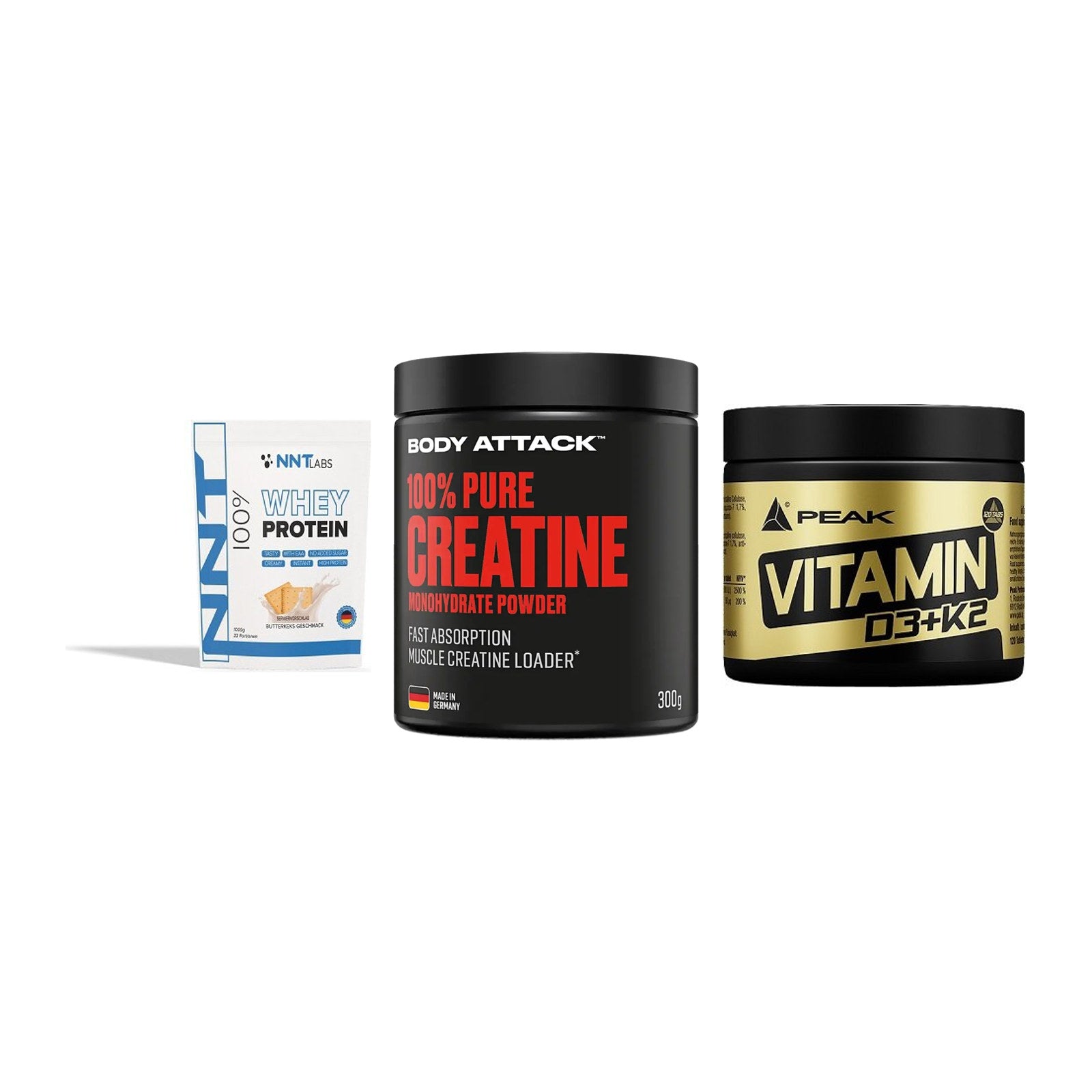 Einsteiger-Set: NNT Whey + Body Attack 100% + Peak Vitamin – alle enthaltenen Artikel