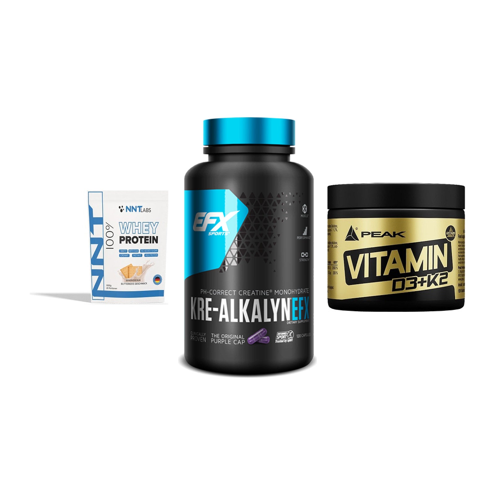 Einsteiger-Set: NNT Whey + EFX Kre-Alkalyn + Peak Vitamin – alle enthaltenen Artikel