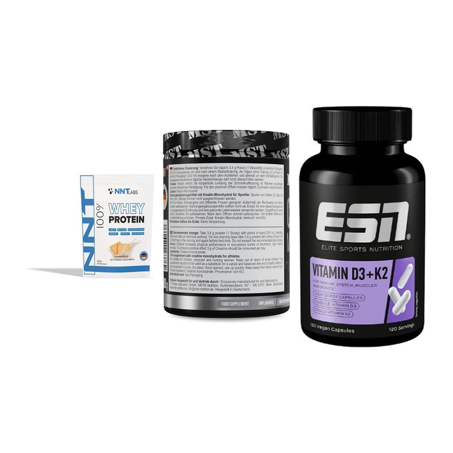 Einsteiger-Set: NNT Whey + MST Creatin + ESN Vitamin D3 – alle enthaltenen Artikel