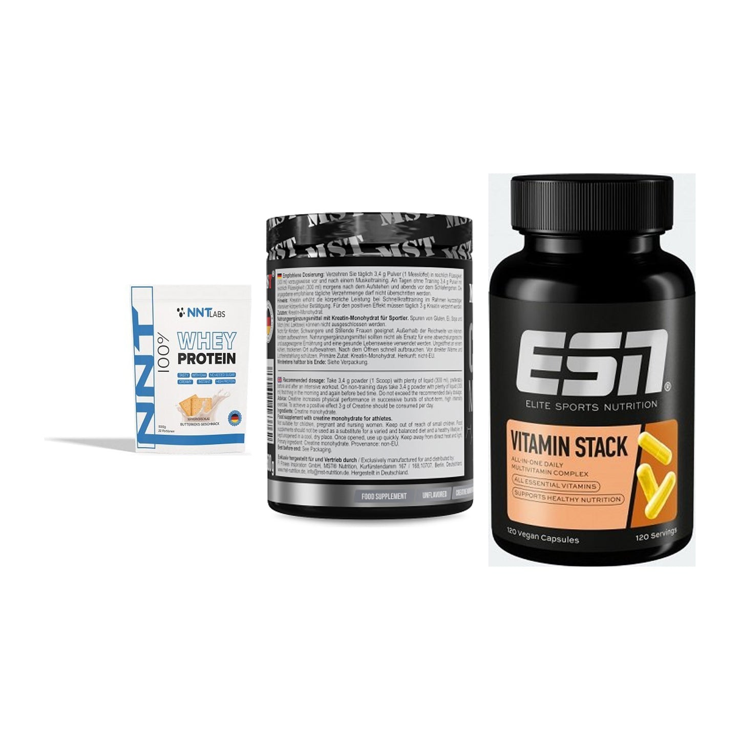 Einsteiger-Set: NNT Whey + MST Creatin Monohydrate + ESN Vitamin Stack – alle enthaltenen Artikel