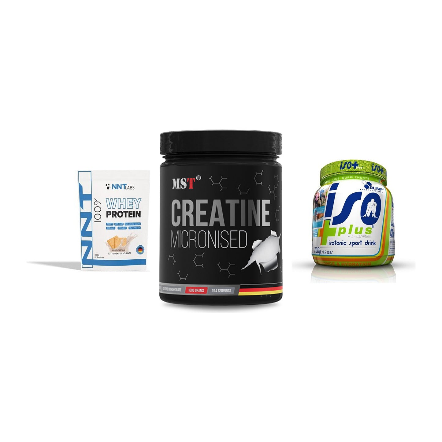 Einsteiger-Set: NNT Whey + MST Creatin Monohydrate + Olimp Iso Plus – alle enthaltenen Artikel