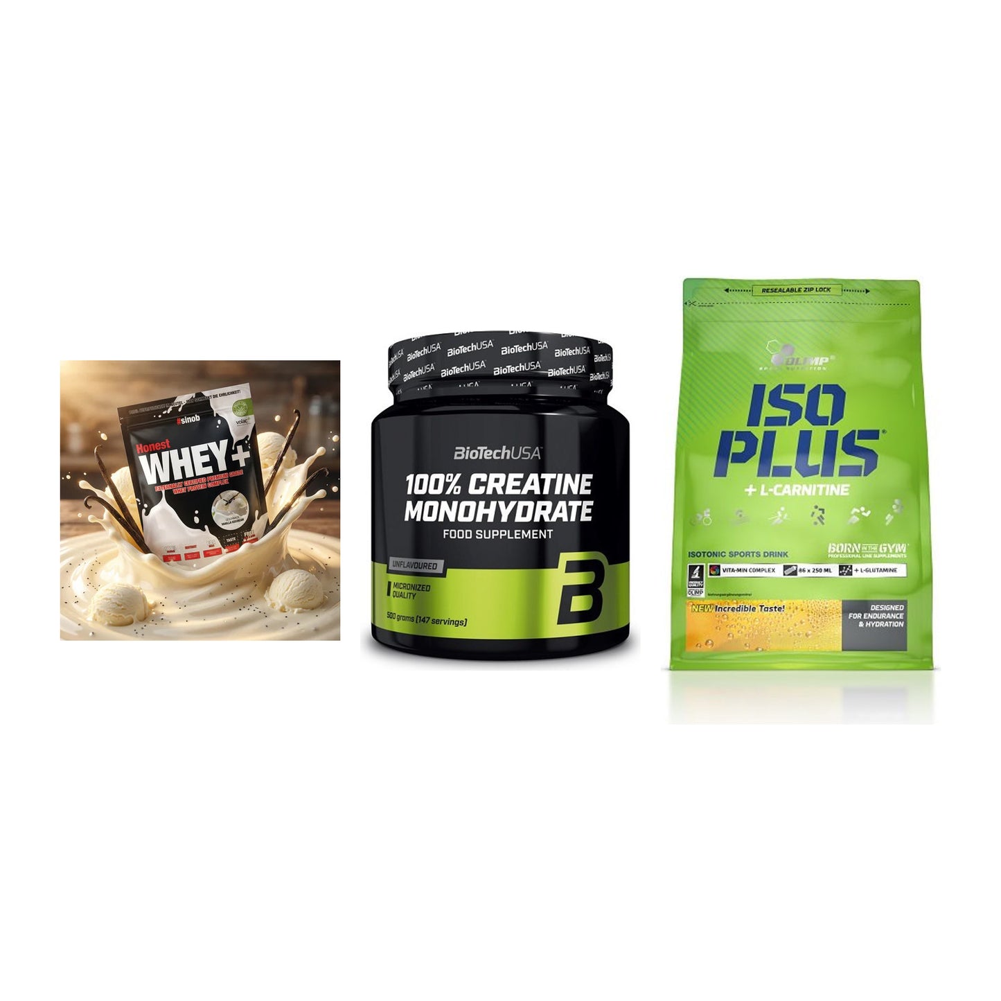 Einsteiger-Set: Sinob Honest + BioTech Creatine + Olimp Iso Plus – alle enthaltenen Artikel