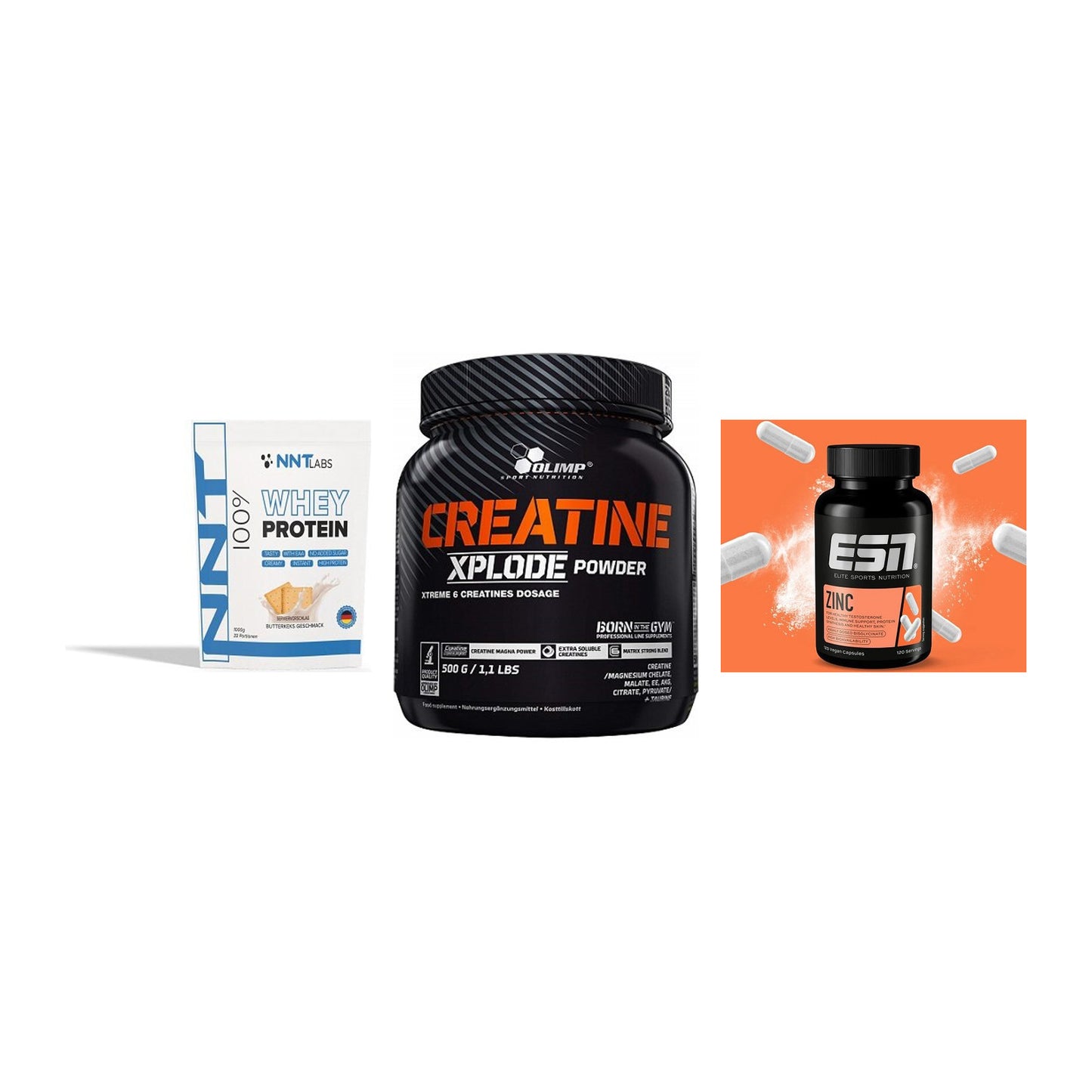 Einsteiger-Set: NNT Whey + Olimp Creatine + ESN Zinc – alle enthaltenen Artikel