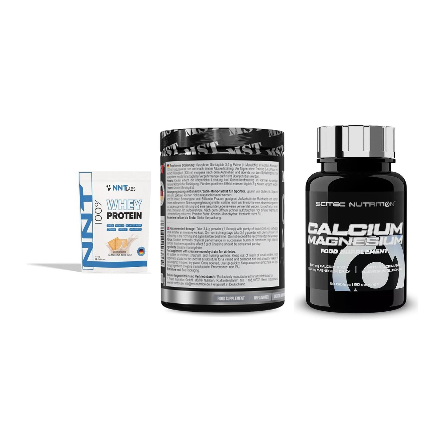 Einsteiger-Set: NNT Whey + MST Creatin + Scitec Calcium – alle enthaltenen Artikel