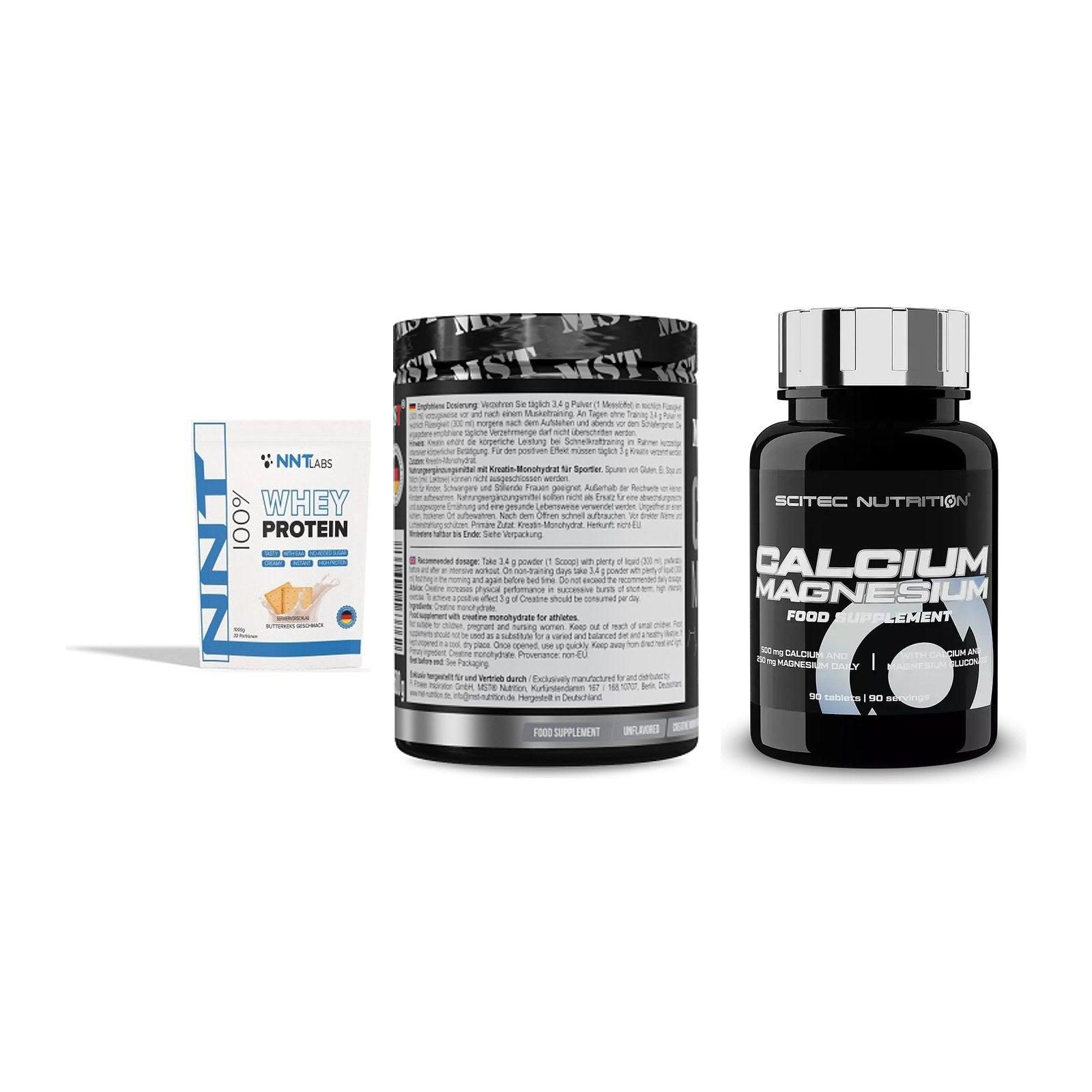 Einsteiger-Set: NNT Whey + MST Creatin + Scitec Calcium – alle enthaltenen Artikel