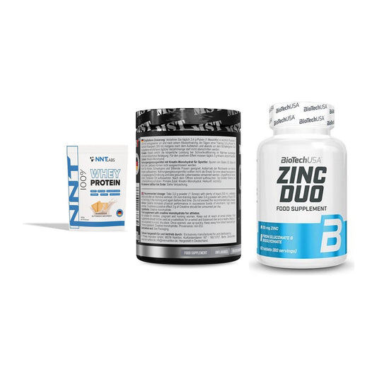 Einsteiger-Set: NNT Whey + MST Creatin Monohydrate + BioTech Zinc Duo – alle enthaltenen Artikel