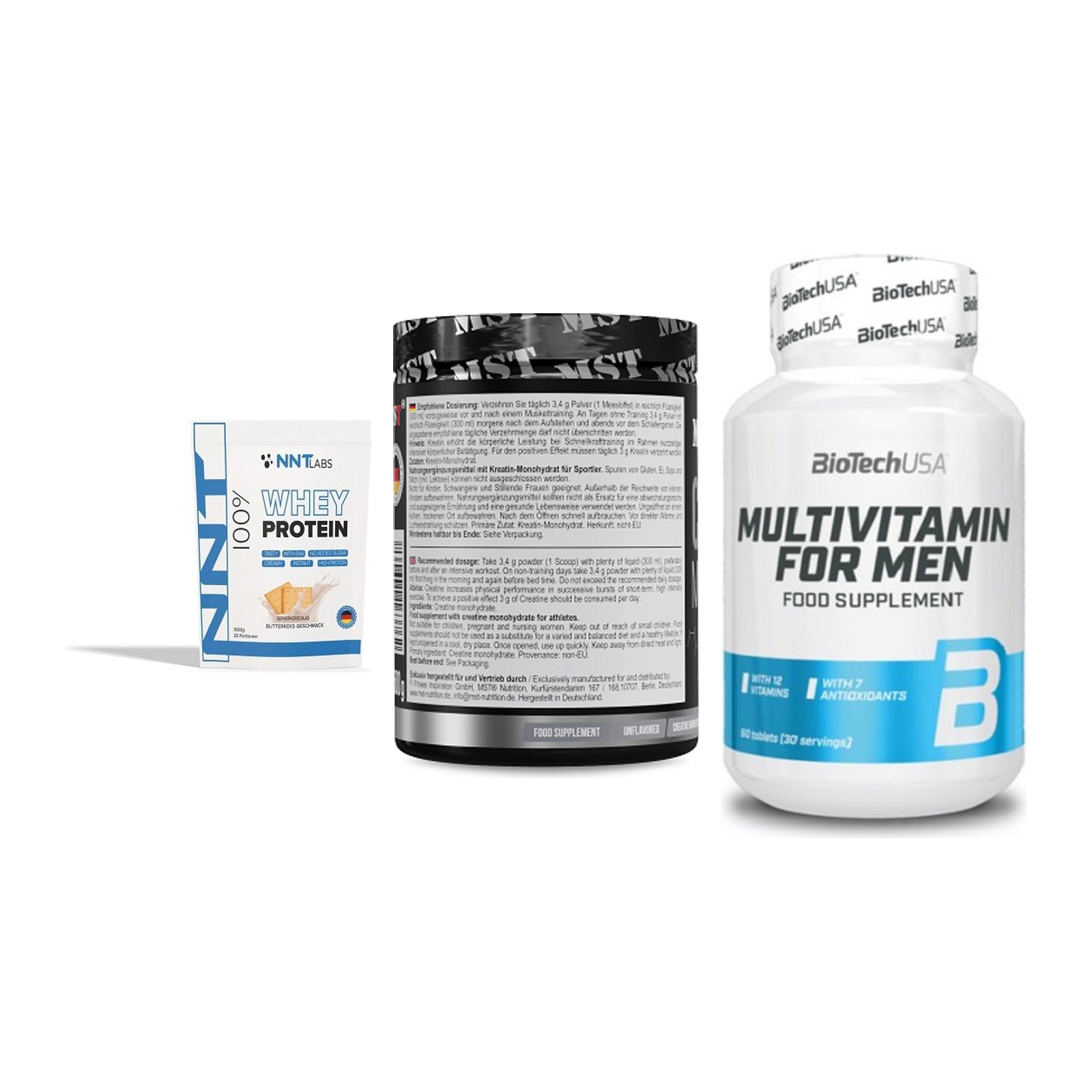 Einsteiger-Set: NNT Whey + MST Creatin + BioTech Multivit – alle enthaltenen Artikel