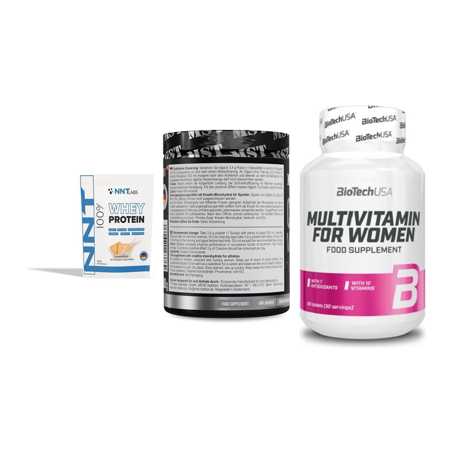 Einsteiger-Set: NNT Whey + MST Creatin + BioTech Multivit – alle enthaltenen Artikel