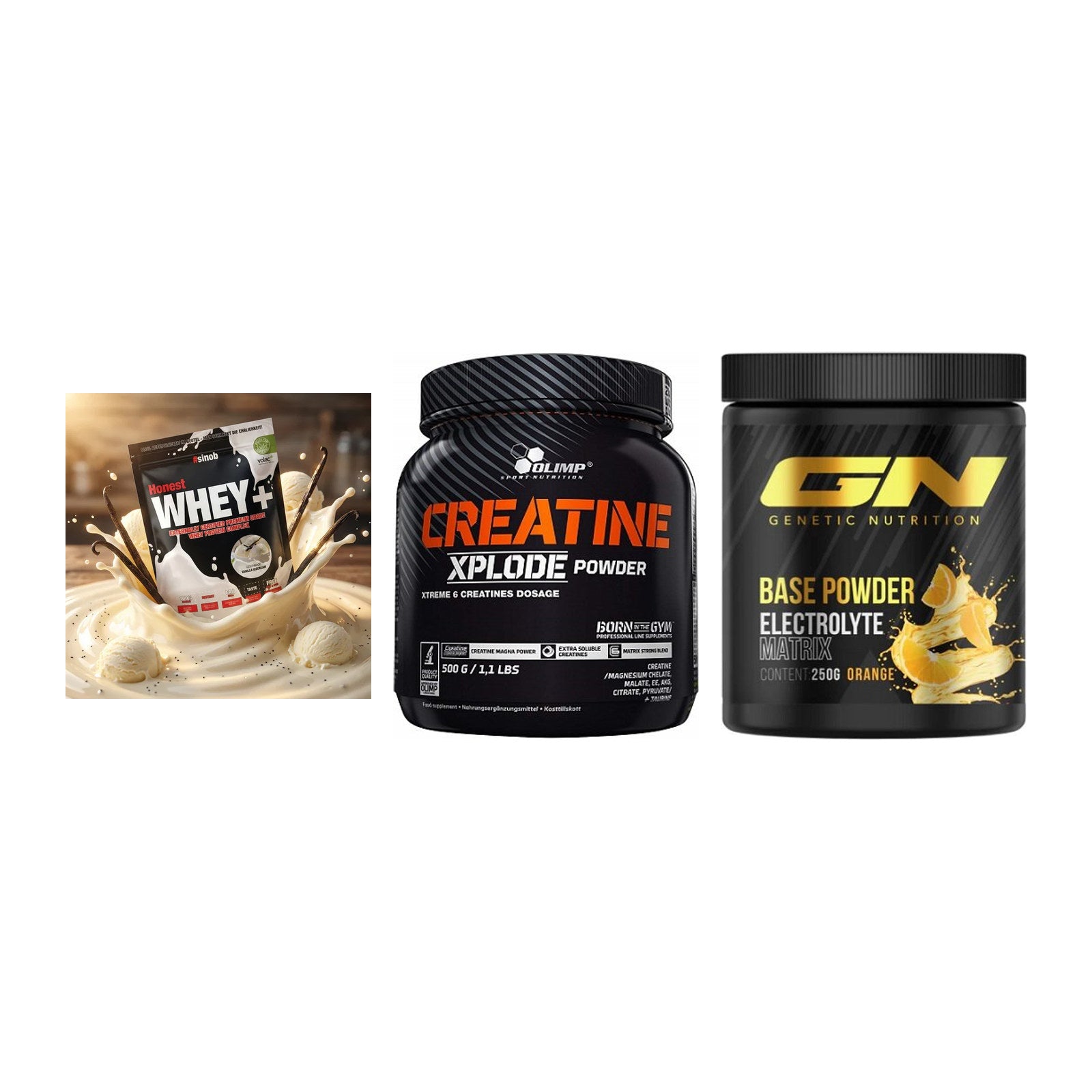 Einsteiger-Set: Sinob Honest + Olimp Creatine + GN Base Powder – alle enthaltenen Artikel
