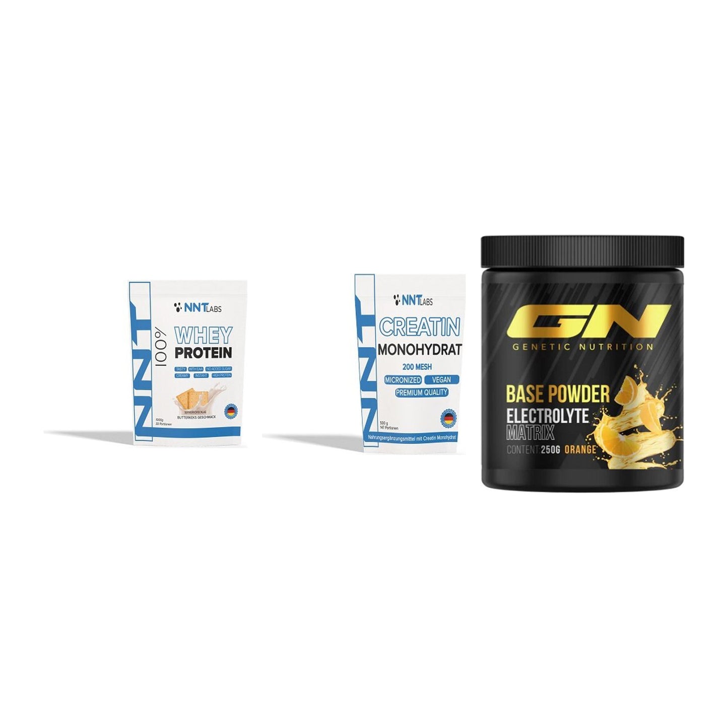 Einsteiger-Set: NNT Whey + NNT Creatin Monohydrat + GN Base Powder – alle enthaltenen Artikel