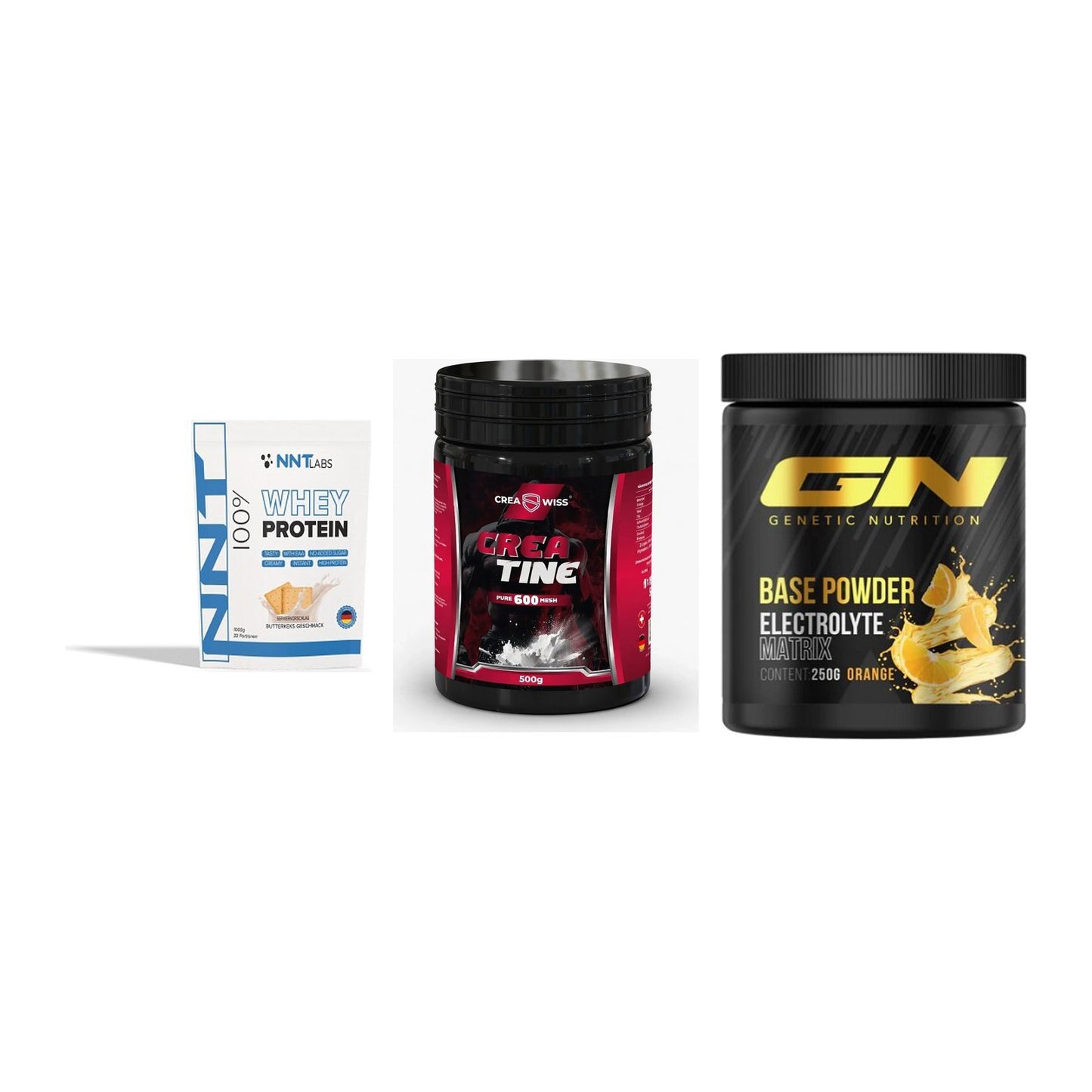 Einsteiger-Set: NNT Whey + CREASWISS + GN Base Powder – alle enthaltenen Artikel