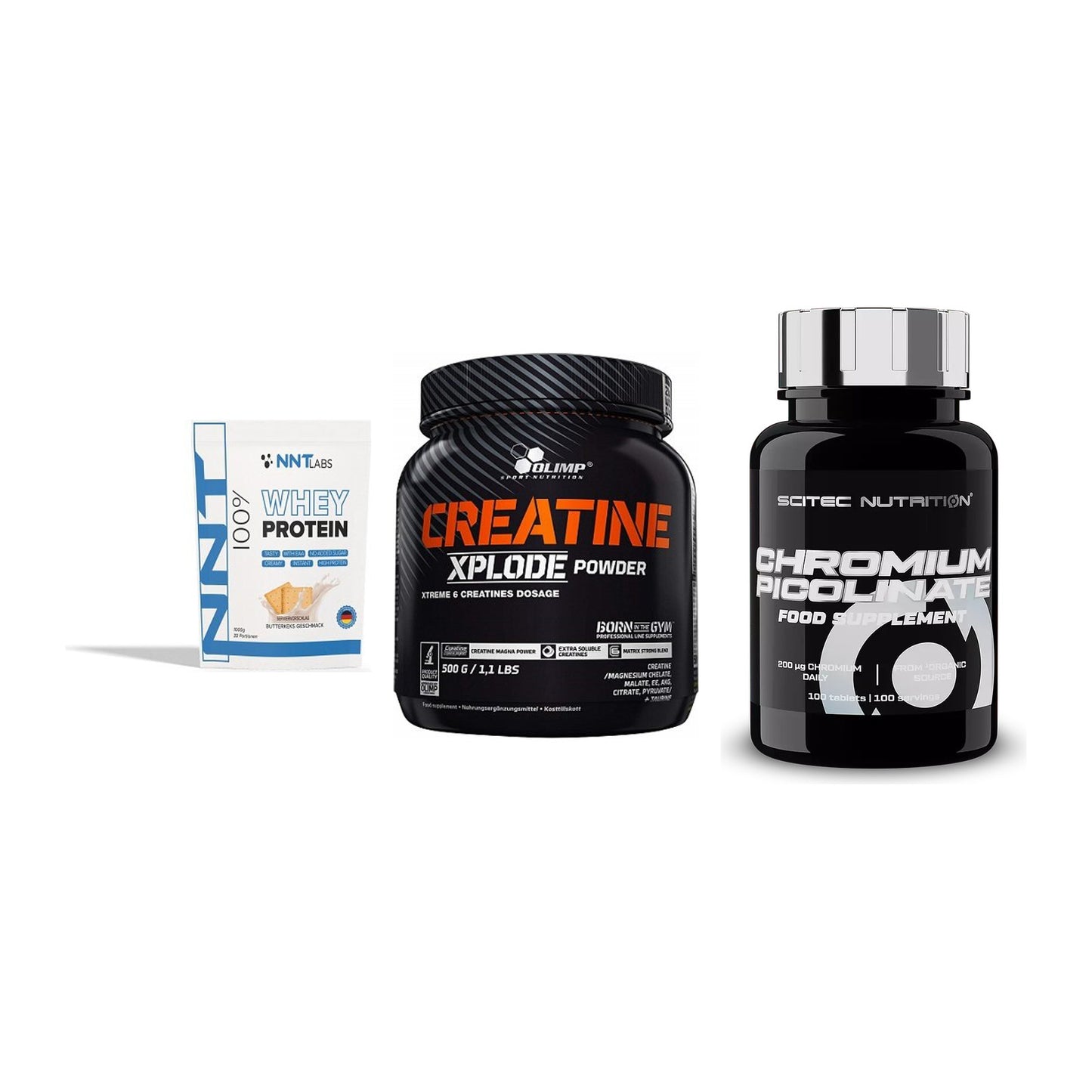 Einsteiger-Set: NNT Whey + Olimp Creatine + Scitec Chromium – alle enthaltenen Artikel