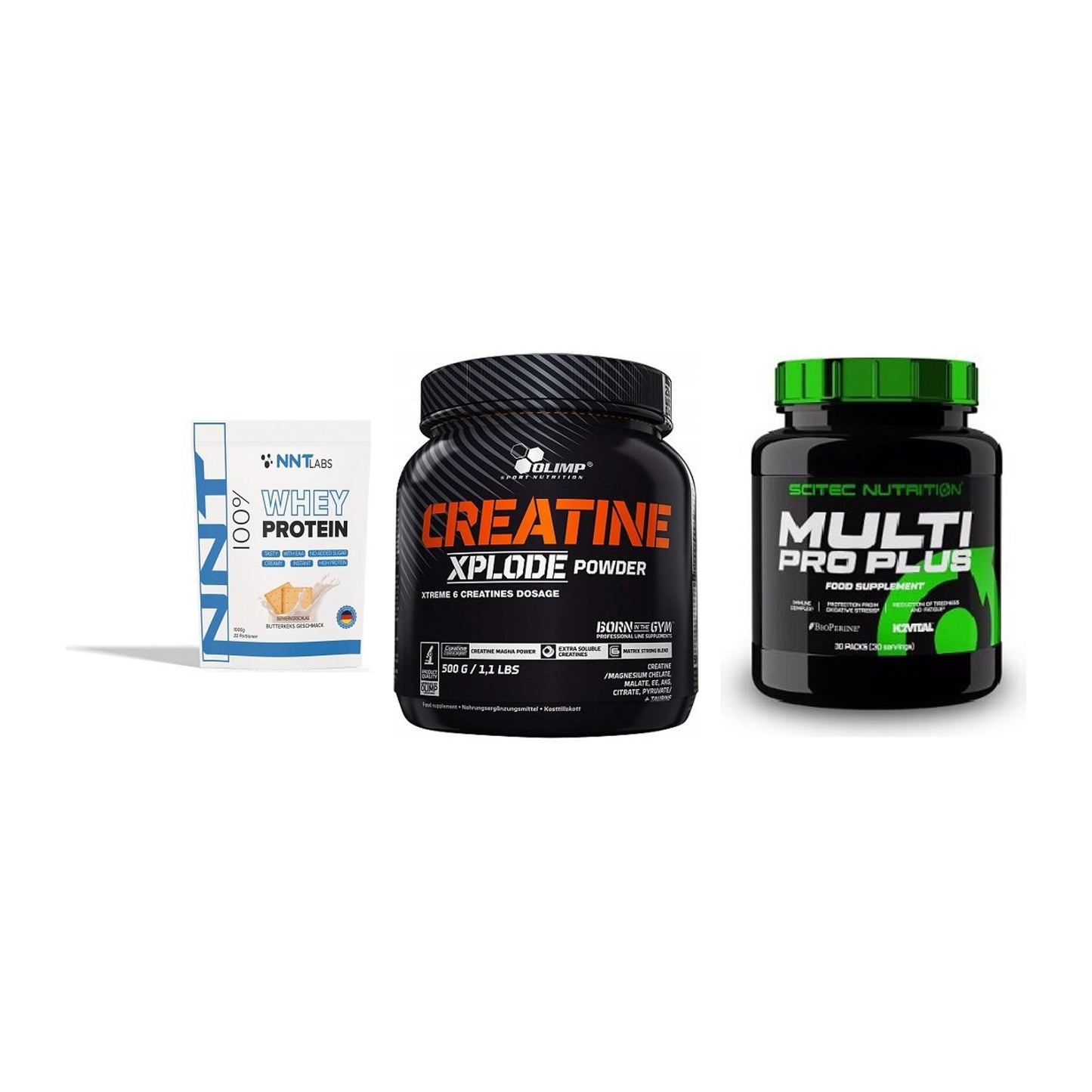 Einsteiger-Set: NNT Whey + Olimp Creatine + Scitec Multi Pro – alle enthaltenen Artikel