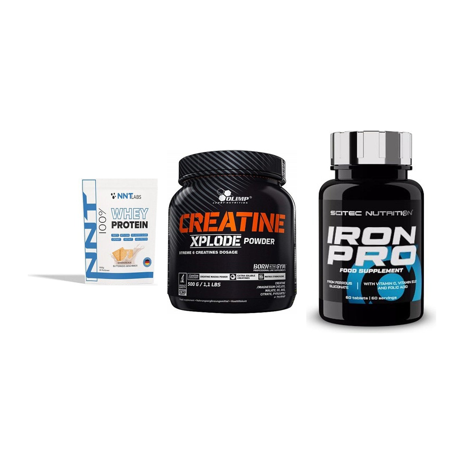 Einsteiger-Set: NNT Whey + Olimp Creatine + Scitec Iron Pro – alle enthaltenen Artikel