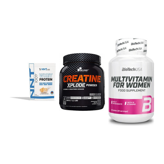 Einsteiger-Set: NNT Whey + Olimp Creatine + BioTech Multivit – alle enthaltenen Artikel