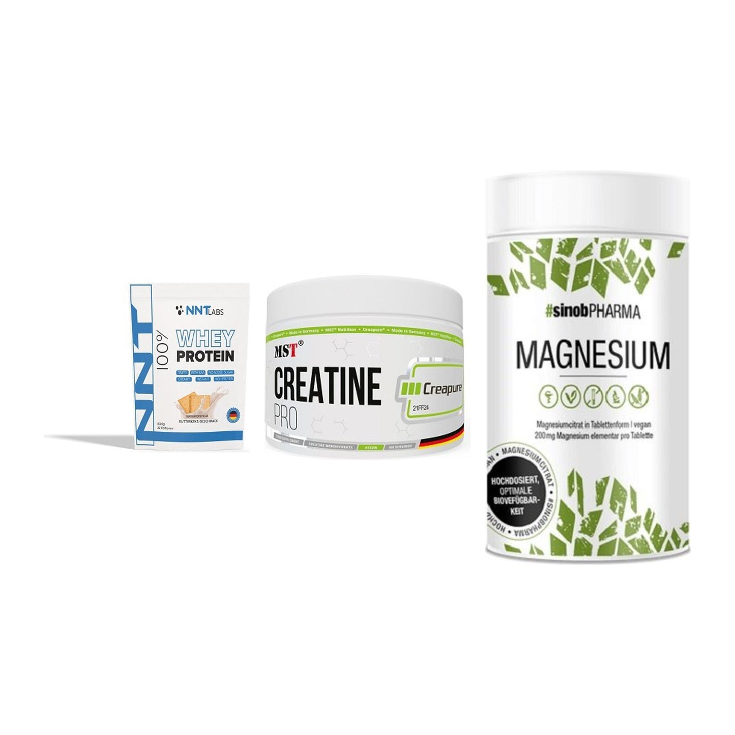 Einsteiger-Set: NNT Whey + MST Creatin Pro + Sinob Magnesium – alle enthaltenen Artikel
