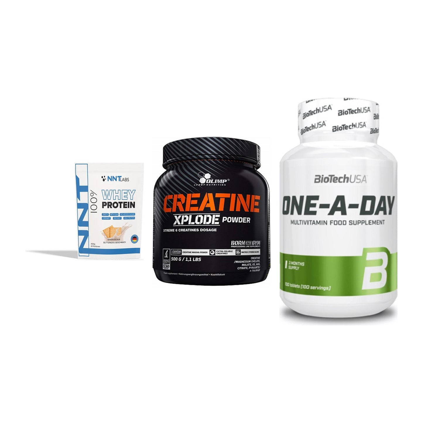 Einsteiger-Set: NNT Whey + Olimp Creatine + BioTech One A – alle enthaltenen Artikel