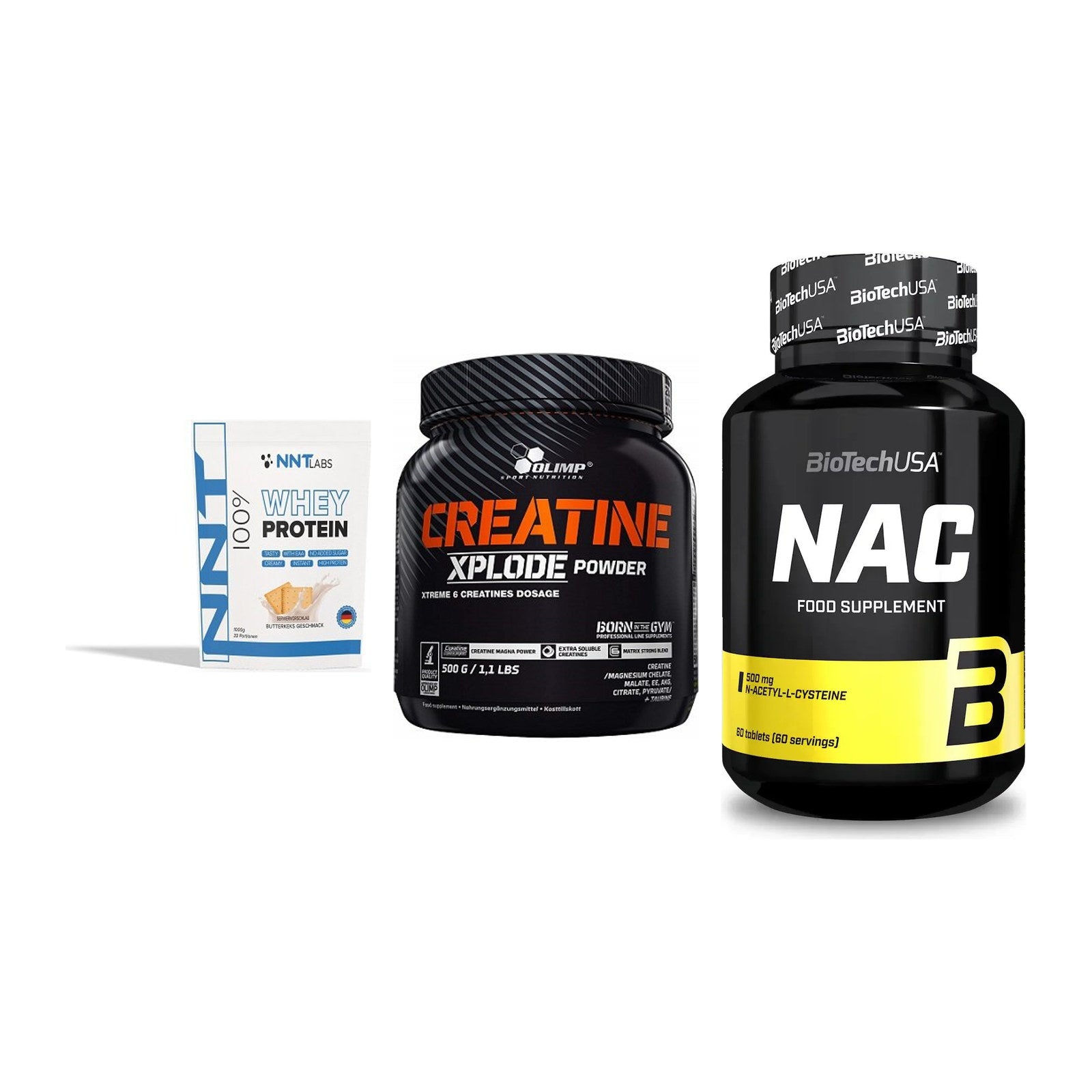 Einsteiger-Set: NNT Whey + Olimp Creatine + BioTech NAC – alle enthaltenen Artikel