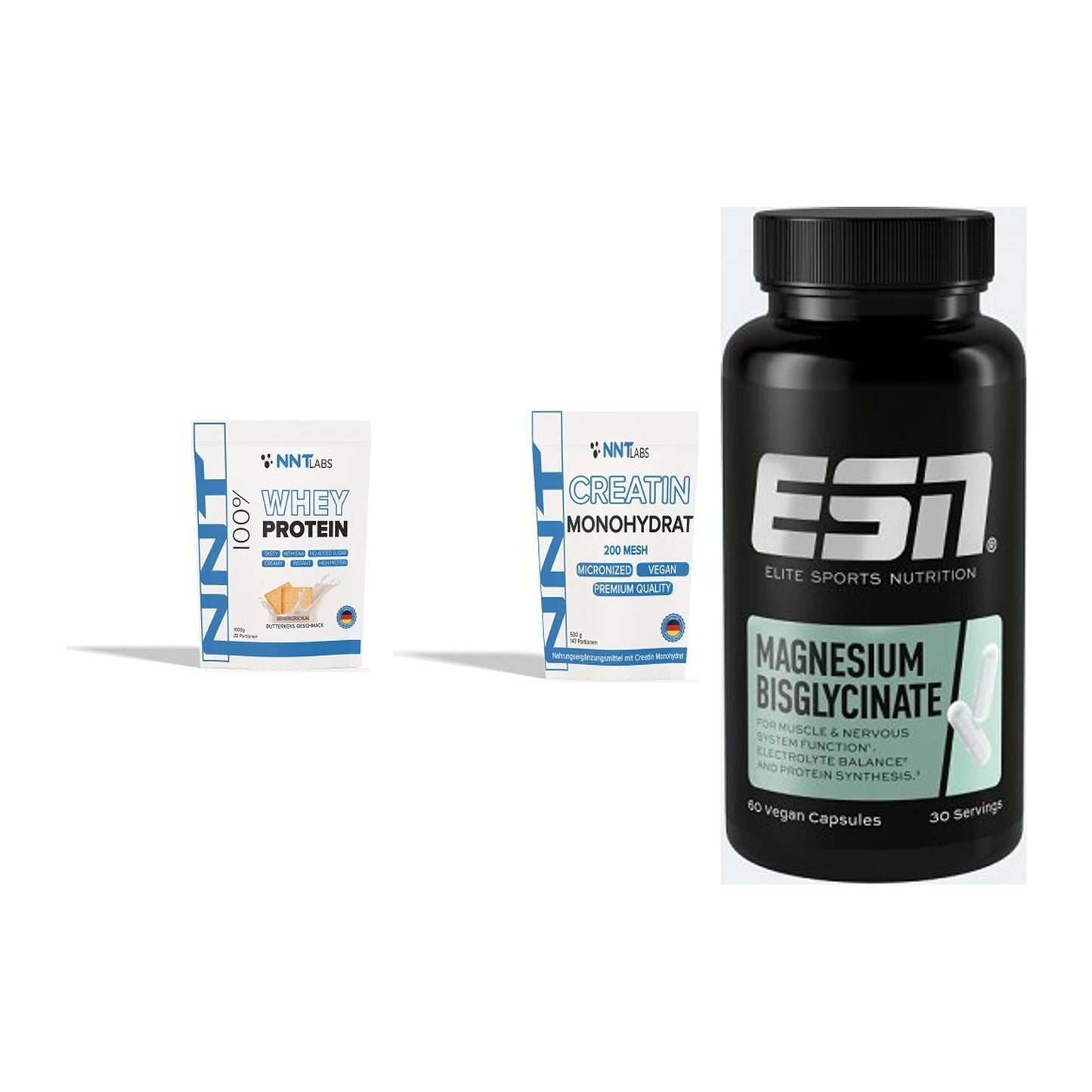 Einsteiger-Set: NNT Whey + NNT Creatin + ESN Magnesium – alle enthaltenen Artikel
