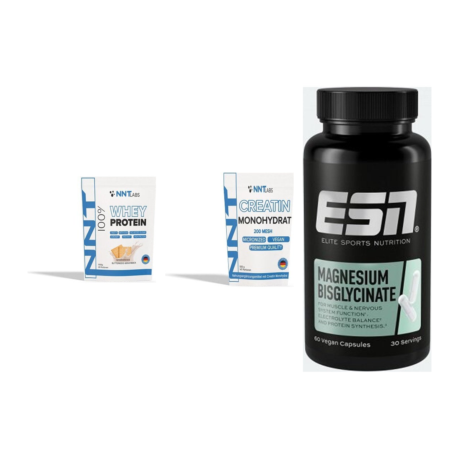 Einsteiger-Set: NNT Whey + NNT Creatin + ESN Magnesium – alle enthaltenen Artikel